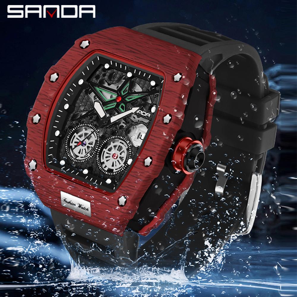 Fashion Sanda 7060 Top Brand New Calendar Barrel Quartz Nightlight Minimalist Hollow Out Men's Outdoor Sports Wrist Watches