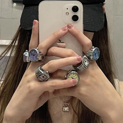 Quartz Rhinestone Ring Watch with Metal Elastic Band