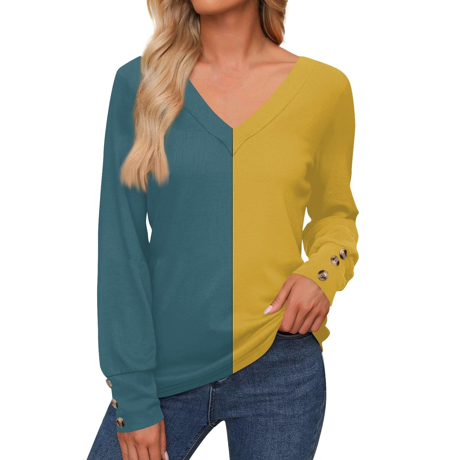 

Женская повседневная модная рубашка с длинными рукавами и манжетами на пуговицах, свободная футболка с V-образным вырезом, осенняя одежда L тёмно-синий