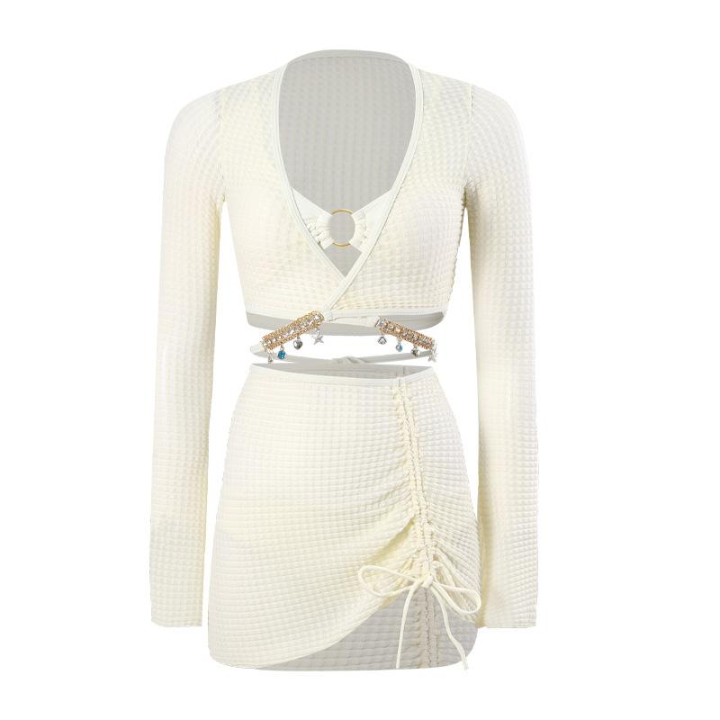 4Pcs Swimsuit Women Fashion Solid Padded Bikinis Sets Bathing Suit Sexy Beach Party Cover Up Long Sleeve Crop Tops and Wrap Skirt