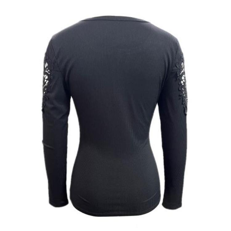 Women Hollow Out Lace Patchwork Pullover T Shirt Long Sleeve Slim Fit Soft Stretchy Round Neck Button Closure Solid Color Top Lady Spring Fall