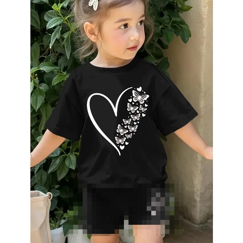 Tailles européennes Été Enfants Filles Cœur Papillon Imprimé Mode Décontracté T-shirt à Manches Courtes, Parfait pour l'Extérieur