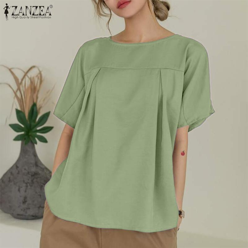 ZANZEA Damen Freizeit Rundhals Einfarbig Kurzarm Bluse