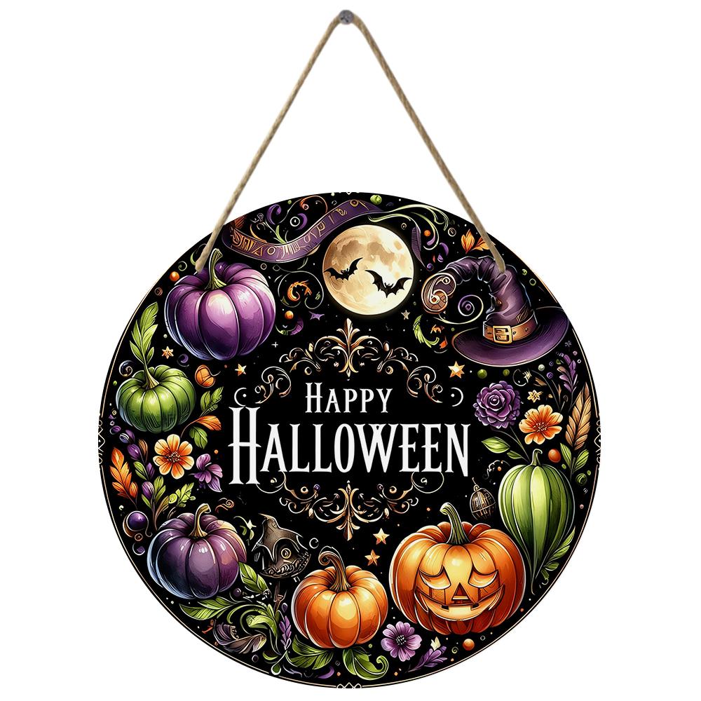 Vintage gothic pumpkin witch hat wall sign Round Wooden Hanging Plaque home indoor outdoor door decor aesthetic halloween party supplies