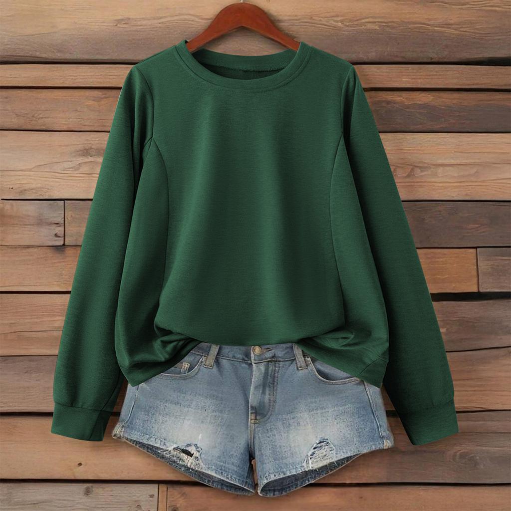 Women's Fashionable Solid Color Round Neck Long Sleeved Sports Casual Pullover Sweatshirt Top