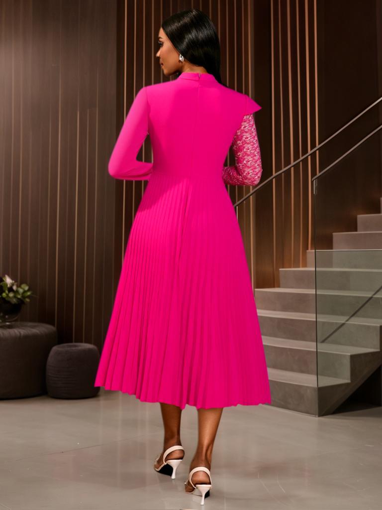 Women Pleated Dresses Elegant Church Half High Collar Lace Patchwork Long Sleeves Evening Party Birthday Wedding Guest Autum New