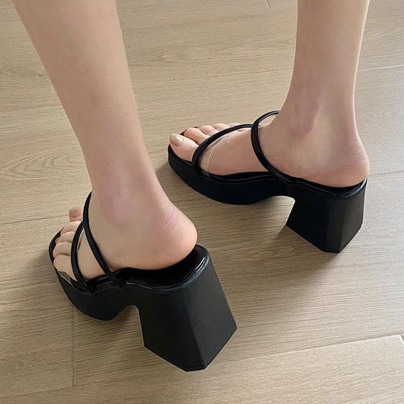 Premium Thick-soled Slippers Women's Summer Outer Wear 2025 New Thick-heeled One-word Drag Transparent High-heeled Fairy Wind Sandals
