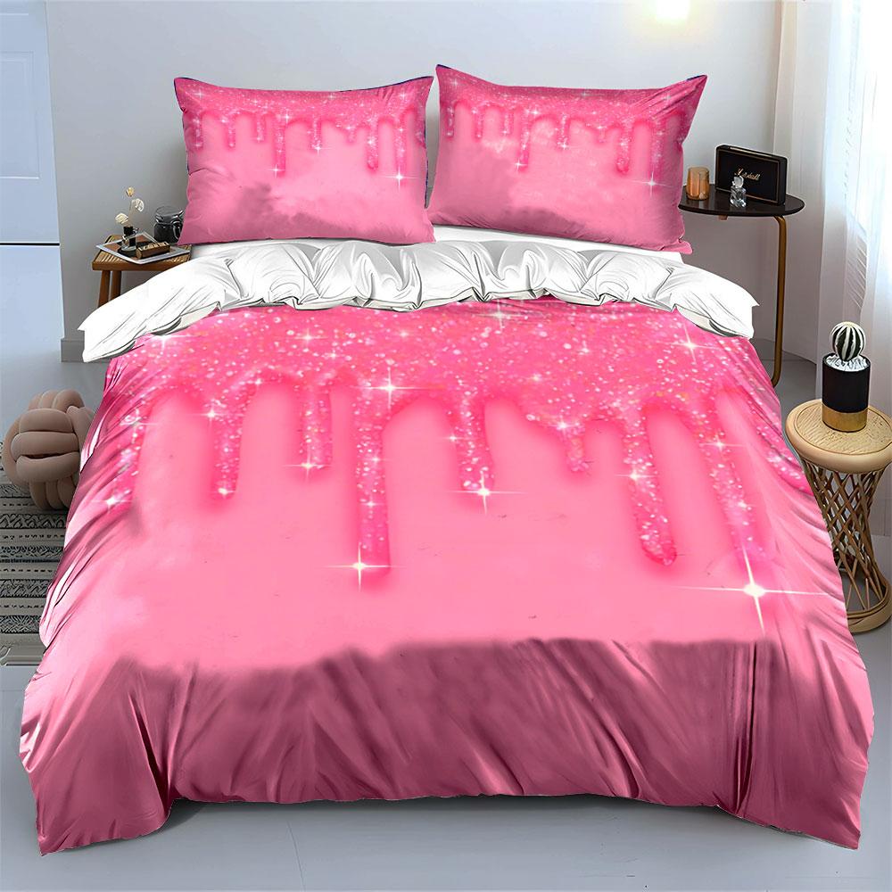 Glittery Pink Dripping Background Print Bedding Set 1 Duvet Cover 2 Pillowcases For Adult And Children Luxury Gift Full Size