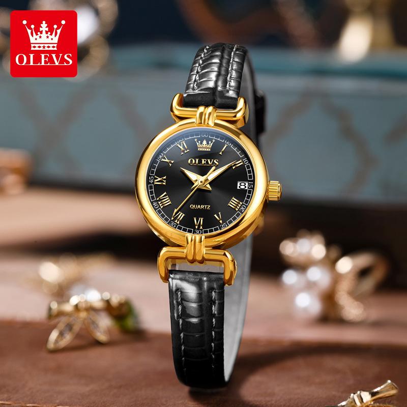 OLEVS Luxury Original Woman Round Watch Brown Small Leather Strap 3ATM Waterproof Date Elegant Quartz Ladies Wristwatch