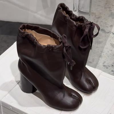Cowhide Version~ Autumn and Winter New Wide Tube Lace-up Split-toed Pig's Trotters Boots Women's Genuine Leather Korean Version Versatile Western Mart
