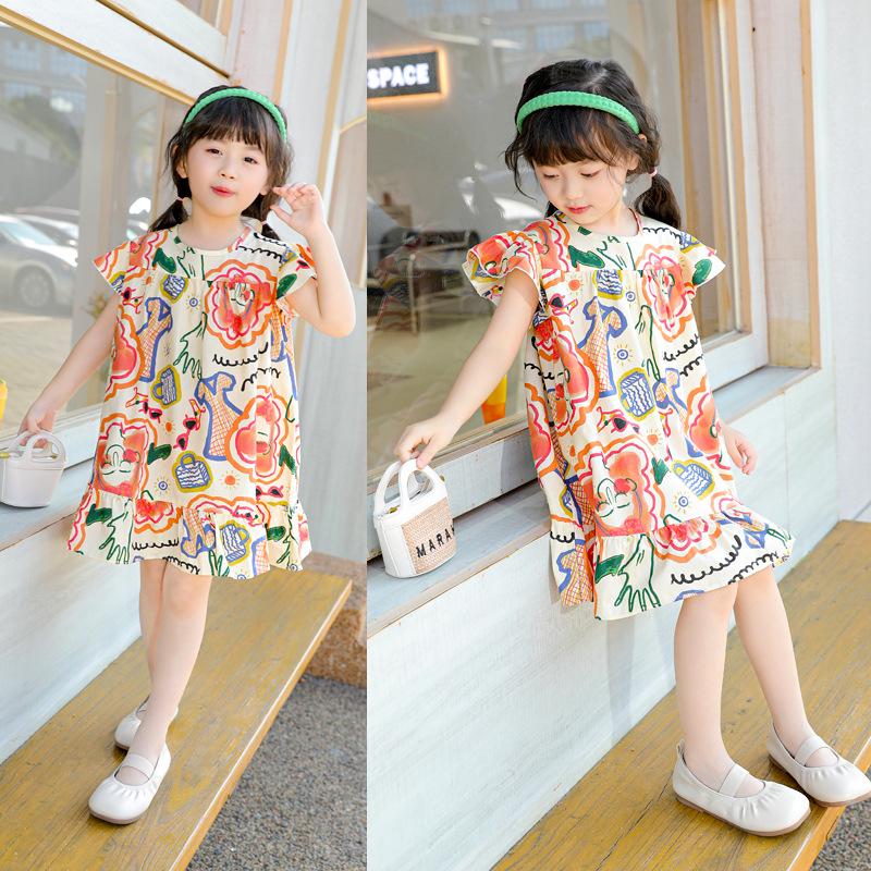 Oujitu Girls' Lace Sleeve Cotton A-line Skirt Dress with Cartoon Print - Spring Children's Clothing