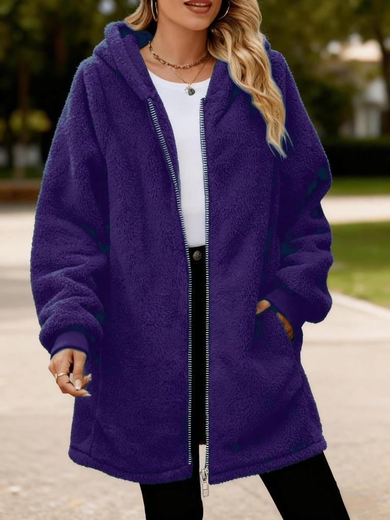2024 European Winter Women's Long Sleeve Hooded Plush Zipper Cardigan Coat