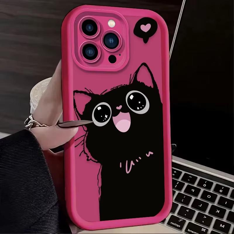 Lovely Black Cat love Heart Silicone Soft Phone Case For iPhone 16 15 14 13 12 11 Pro Max XS X XR 7 8 SE Shockproof