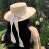 Women's Japanese Style Bowknot Summer French Woven Flat Top Large Brim Sun Protection Straw Hat with Frayed Edges for Beach Vacation