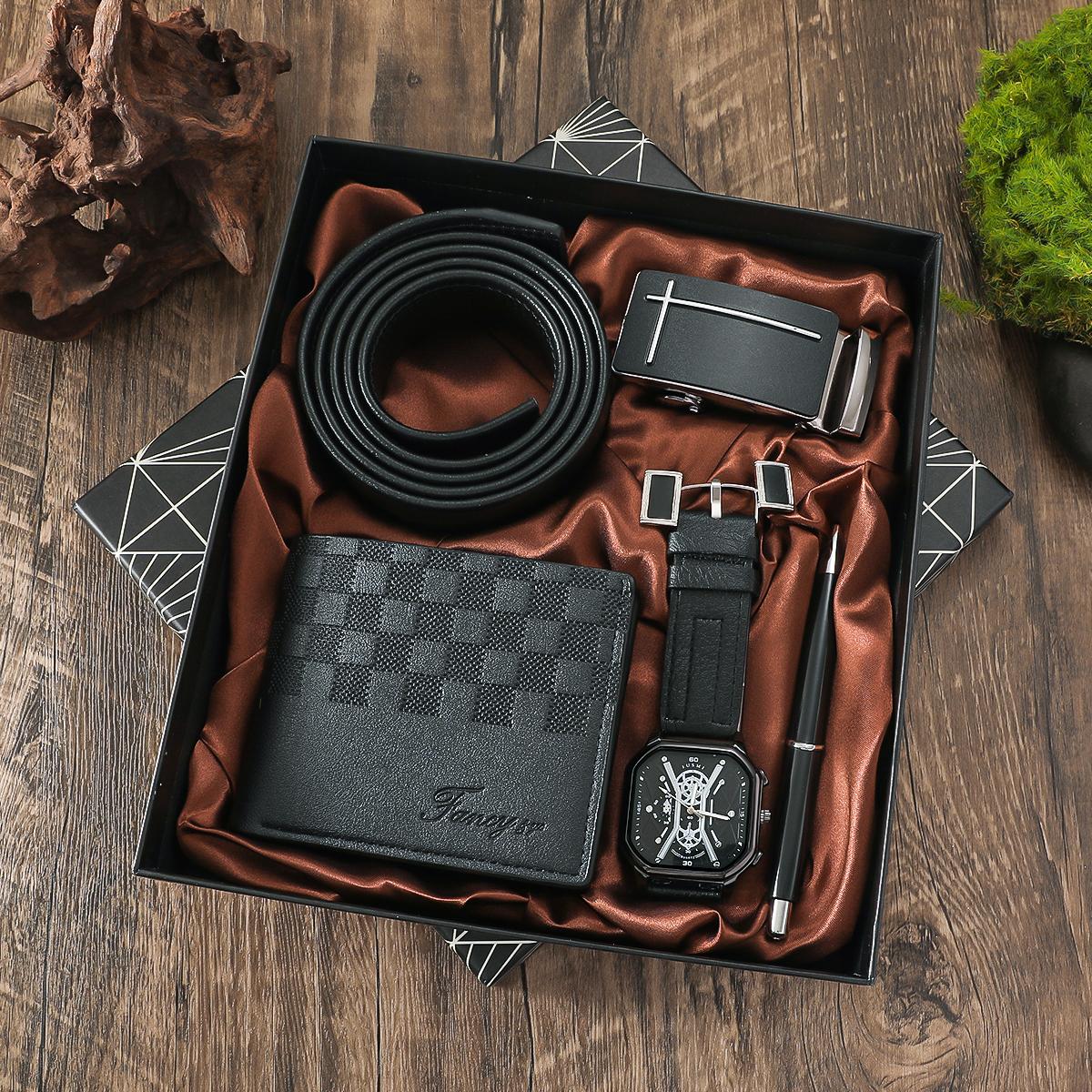 

Крупный циферблат, двухслойный квадратный корпус, кожаный ремешок, повседневные мужские спортивные кварцевые часы с выраженной индивидуальностью, изысканный подарочный набор чёрный