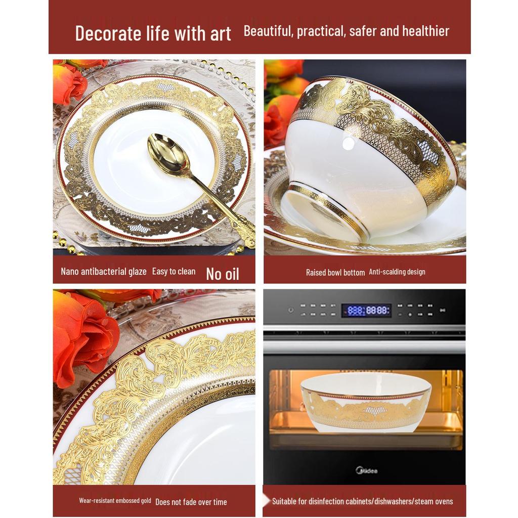 Europäisches Luxus Gold Knochenporzellan Schüssel & Teller Geschirrset