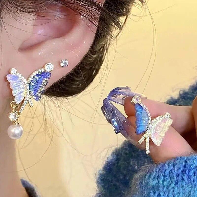 Luxury Purple Butterfly Long Tassel Earrings Ladies Brincos Trendy Crystal Dangle Drop Earrings Girls Party Jewelry Accessories Gift