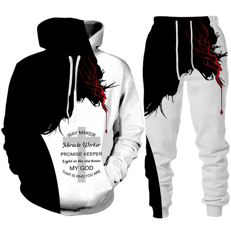 Spring Autumn Fashion Casual Men's Hoodies Set 3D Animal Lion Cross Printing Sweatshirts Sweatpants 2 Piece Set Men Clothing Suit