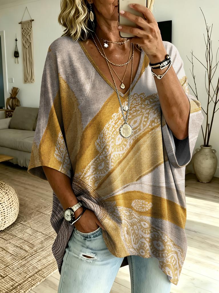 Women's large size V-neck top, elegant and comfortable, simple floral pattern printing large size women's V-neck T-shirt - fashionable and versatile