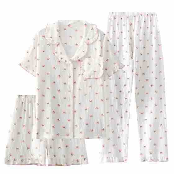 Crepe seersucker cotton women's summer fungus collar short-sleeved trousers shorts loungewear pajamas set