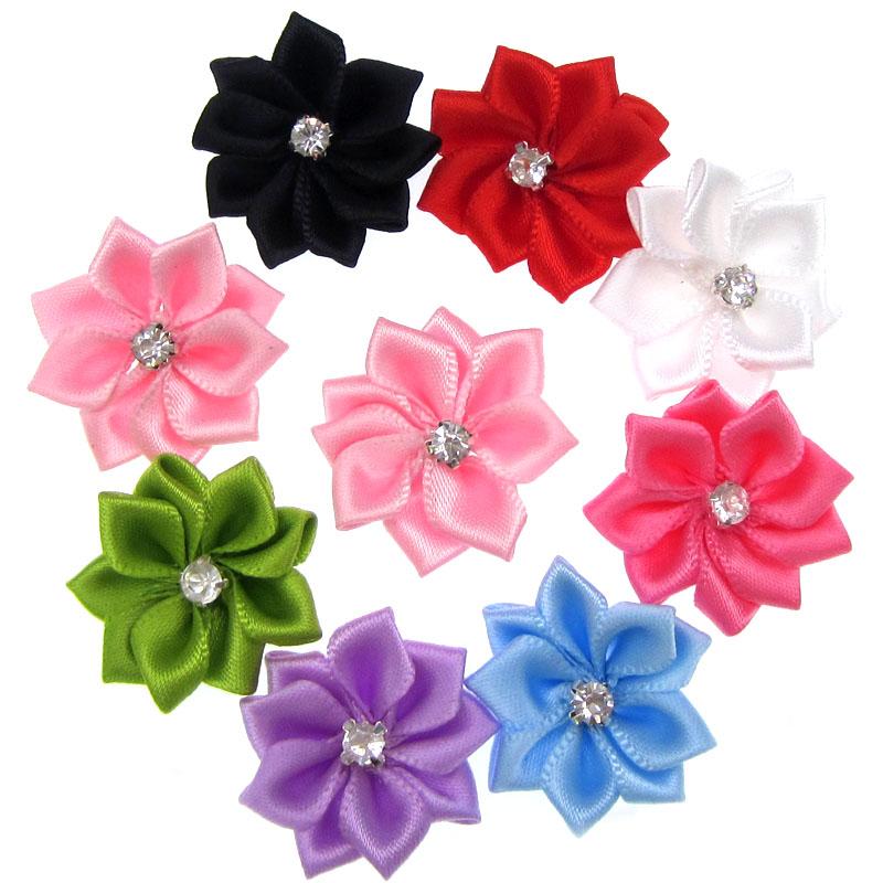 10Pcs Handmade Small Satin Flowers Fabric Rhinestone Flower Appliques For Sewing Craft Wedding Decorations 2.8cm