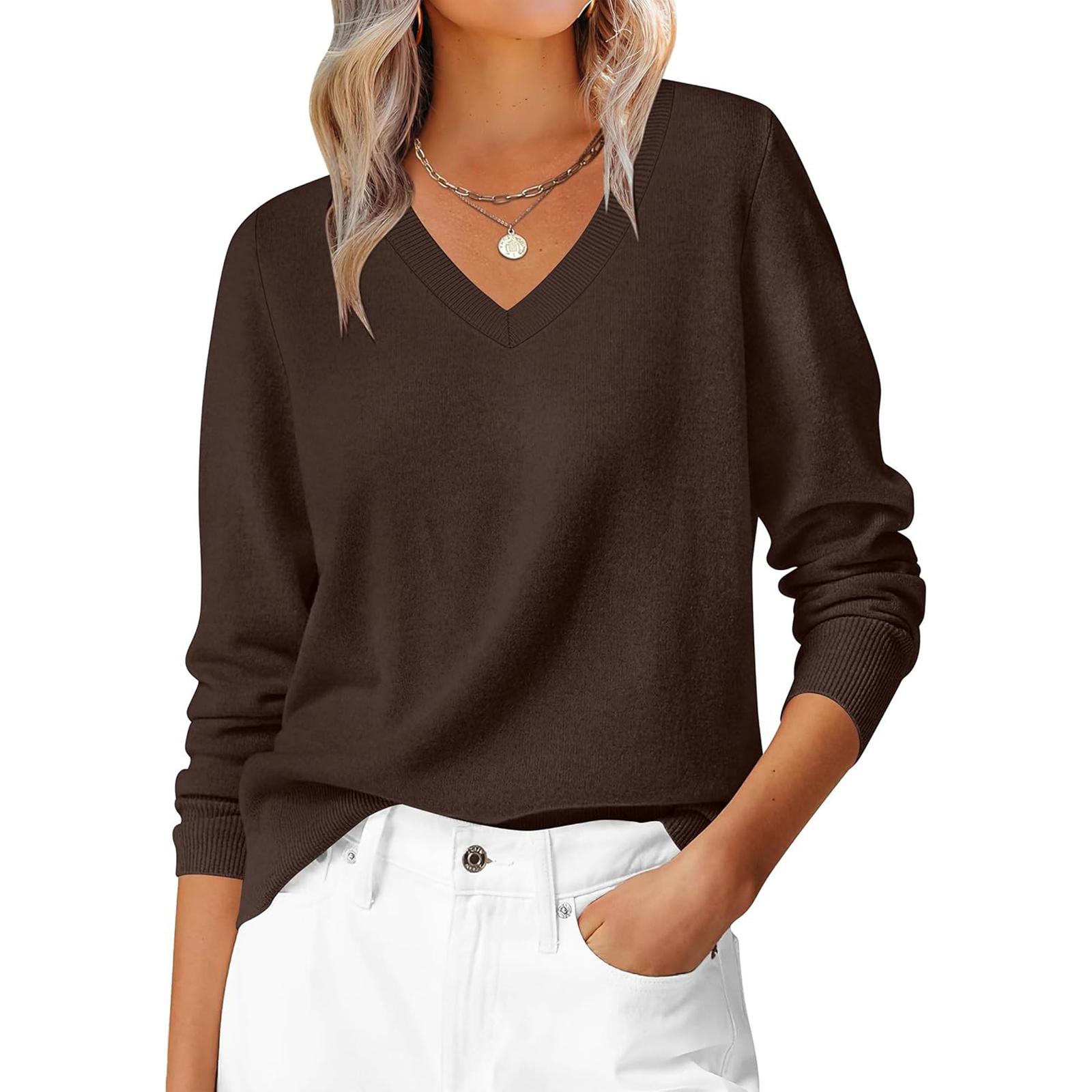 

Women s Casual V-Neck Sweater Base Layer Knitted Long Sleeve Color Top S кавовий