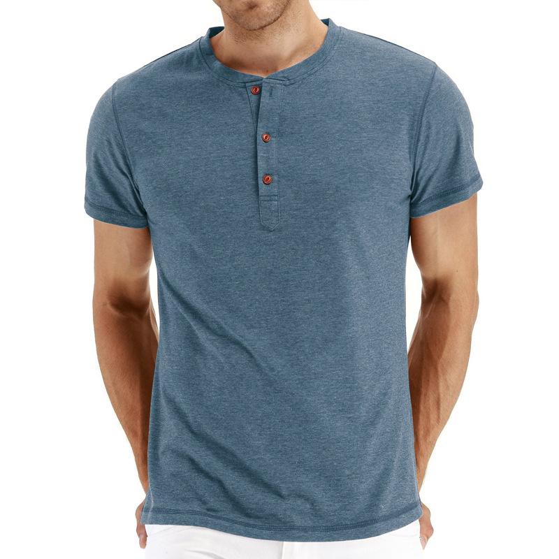 Bavlněné pánské tričko s henley límečkem, módní design, slim fit, jednobarevné tričko, pánské topy, trička s krátkým rukávem
