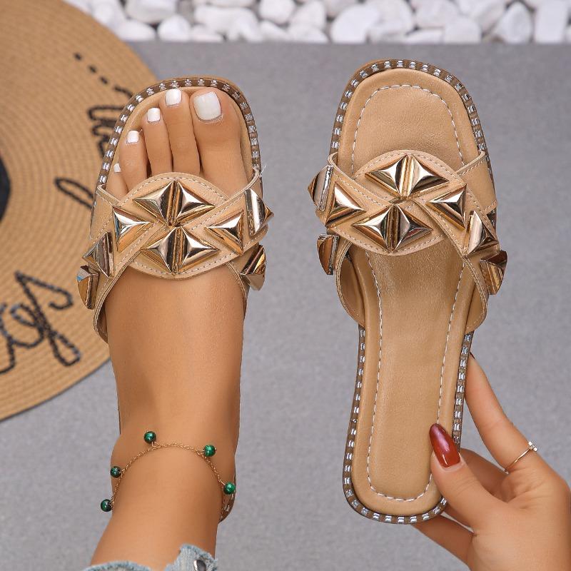 

Large size women s slippers new summer outer wear rivet inlay square head flat bottom sandals women 43 хаки