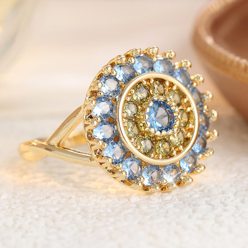 Exquisite Inlaid Sea Blue CZ Women's Ring Trendy Gold Color Geometry Daily Wear Party Jewelry Anniversary Gift