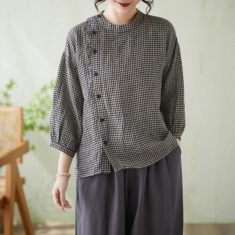 DIMANAF 2026 Plus Size Summer Women Blouse Shirts Tunic Oversize Loose Casual Lady Tops Vintage Lady Plaid Black