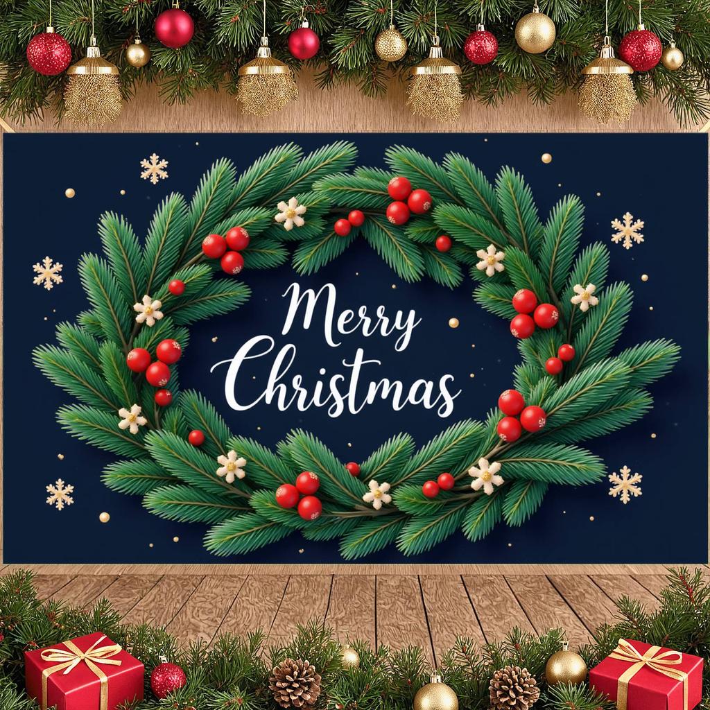 Xmas Banner Green Pine Christmas Party Banner Winter Banner White Flowers For Holiday Celebration Christmas Event Office