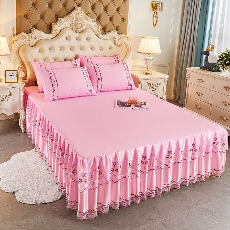 3pcs Set Soft Lace Bed Skirt King Queen Size Bedspread Solid Color Luxury Princess Romantic Bed Spread with Pillowcase