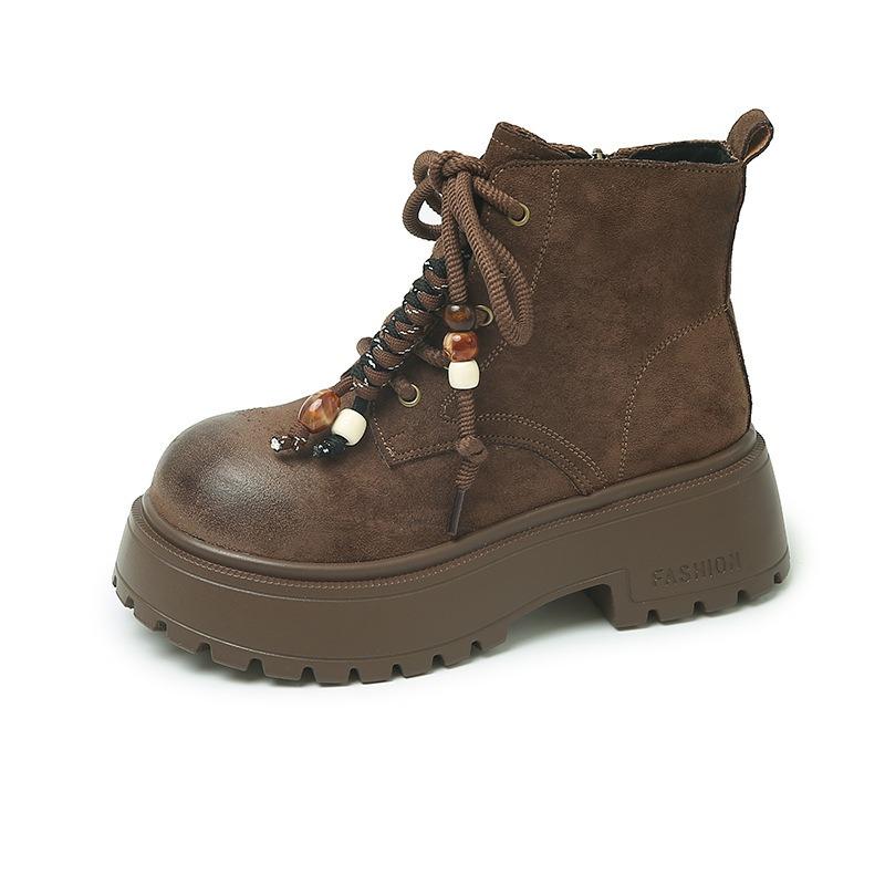 Retro Plateau-Martin-Stiefel für Damen, Herbst, neue Mode, Maillard, schlanke kurze Stiefel, Lokomotiv-Rhabarber-Stiefel