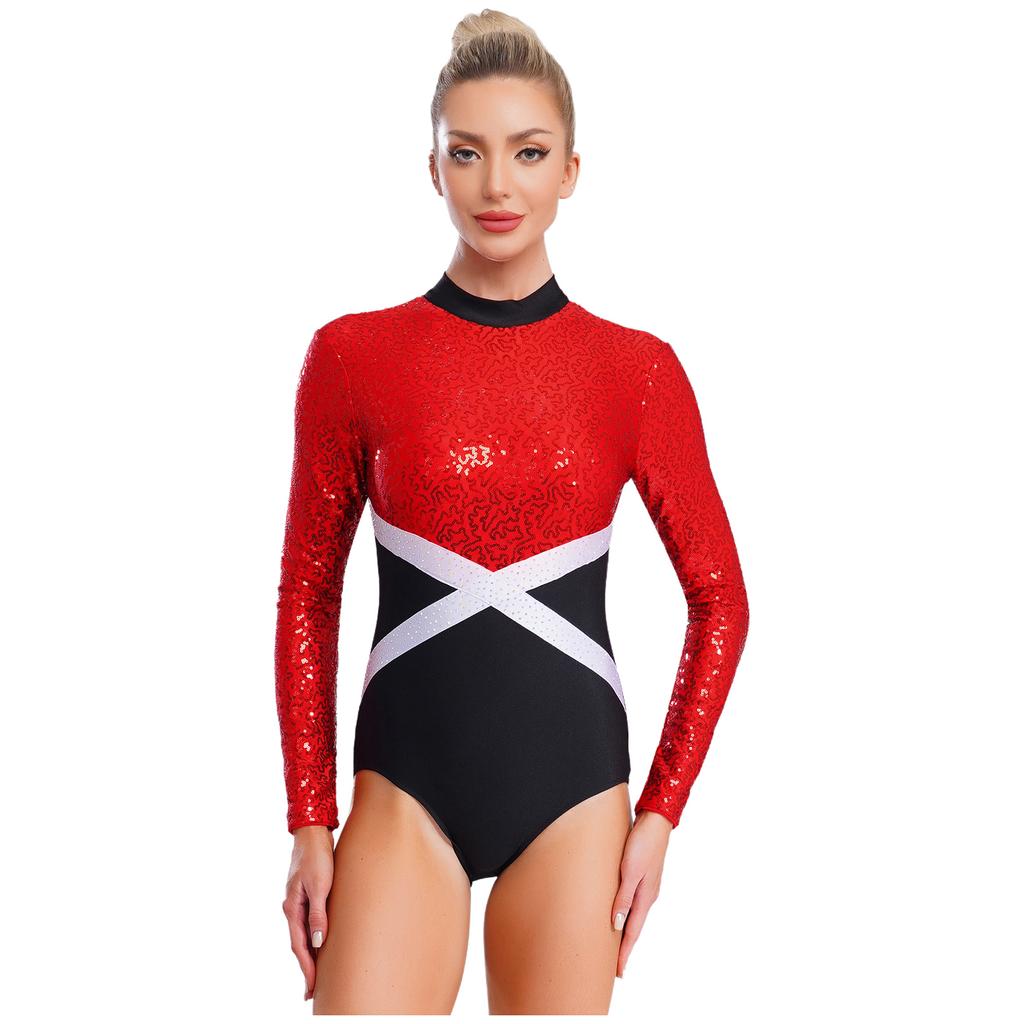 Glänzender Pailletten-Gymnastik-Leotard für Damen, Kontrastfarbe, Langarm, Rücken Ausgeschnitten, Einteiliger Body, Eiskunstlauf-Bekleidung