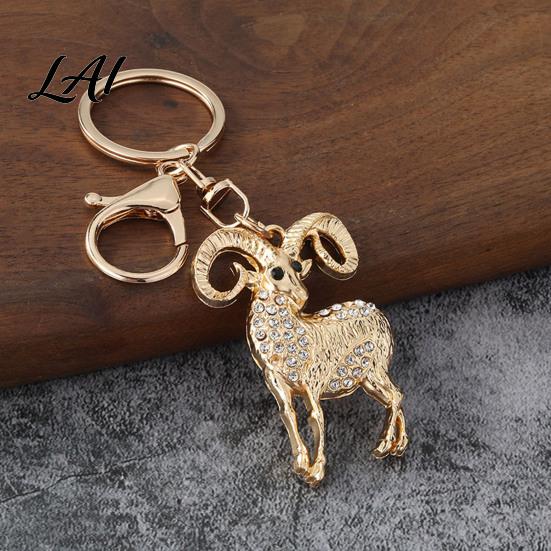 Golden Plated Key Ring Sparkling Rhinestone Goat Keychain for Men Zinc Alloy Accessory Women Decorative Keychain Car Keys Handbags Backpacks Purses
