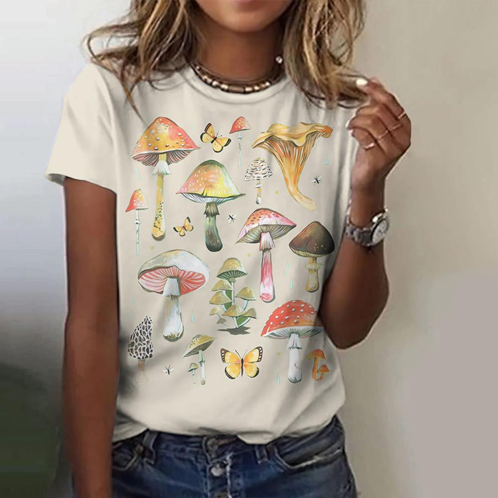 High-Quality Cotton Cute Mushroom Print Women's T-Shirt Retro Fashion Casual Summer New Short-Sleeved Women's Clothing