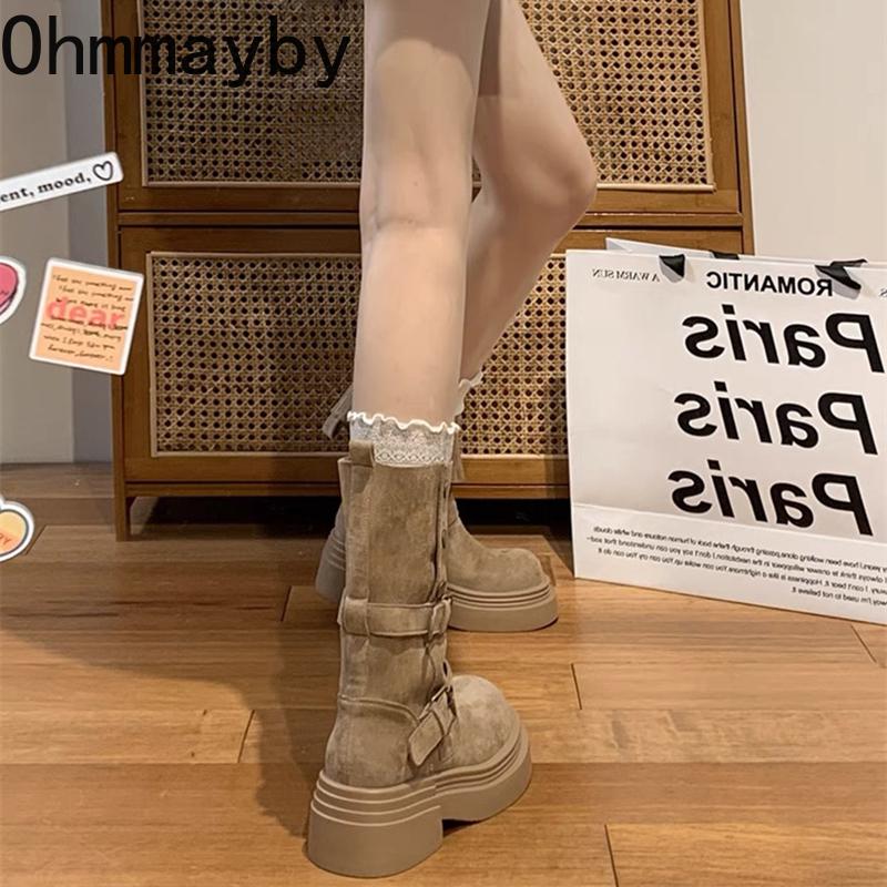 Vintage Platform Thick Bottom Women Western Cowboy Boots Fashion Belt Buckle Height Increase Female Mid Calf Booties