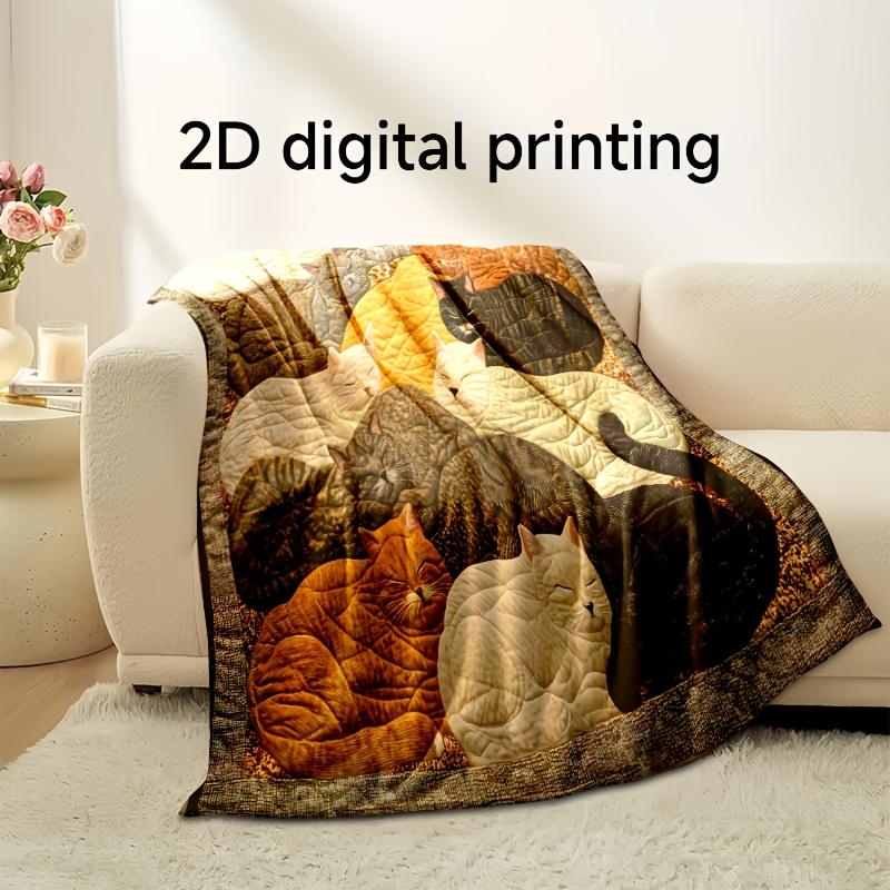 2D Digital Print Cat Flannel Blanket - Cute Creative, Warm Comfortable, Sofa/Bed/Office/Car/Camping, Seasonal Gift