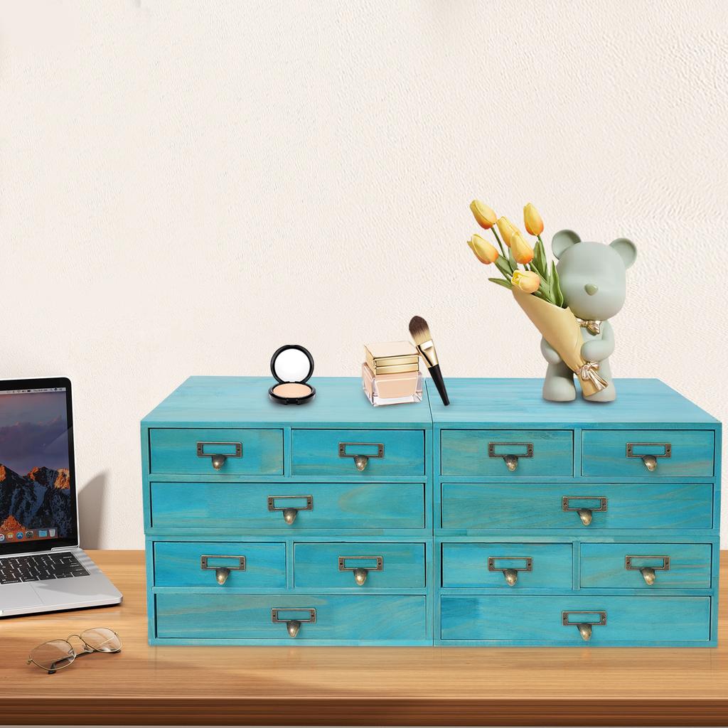 4 Pcs 12 Drawers Desktop Pine Wood Organizer,Blue/Black/Brown Rectangular Desktop Organizer 69*27*30cm for Bedrooms,Offices