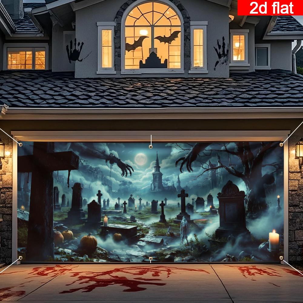 2D banner 1 Halloween garage door flag - Ghost Cemetery scene, with glowing pumpkins, bats and a full moon, decorated