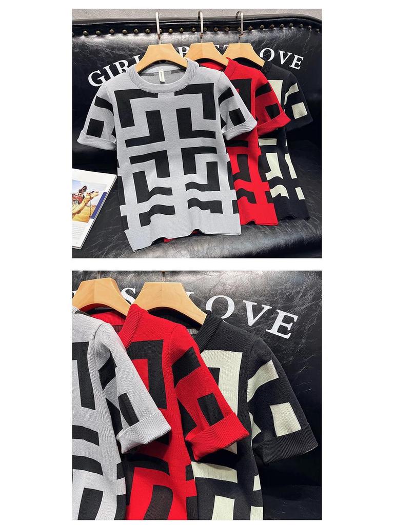 Herren Geometrisches Muster Slim Casual Kurzarm Strick-T-Shirt für Frühling & Herbst