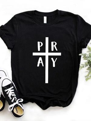 Pray Cross Jesus Print Women T Shirt Short Sleeve O Neck Loose Women Tshirt Ladies Fashion Tee Shirt Tops Clothes