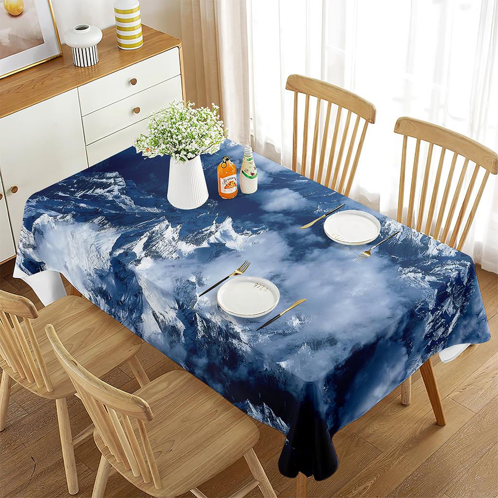 Winter-Themen-Tischdecke Schneebedeckte Berge Sonne scheint auf die Berge Ästhetische Dekorationen Zuhause Esszimmer Küchentisch Gelb
