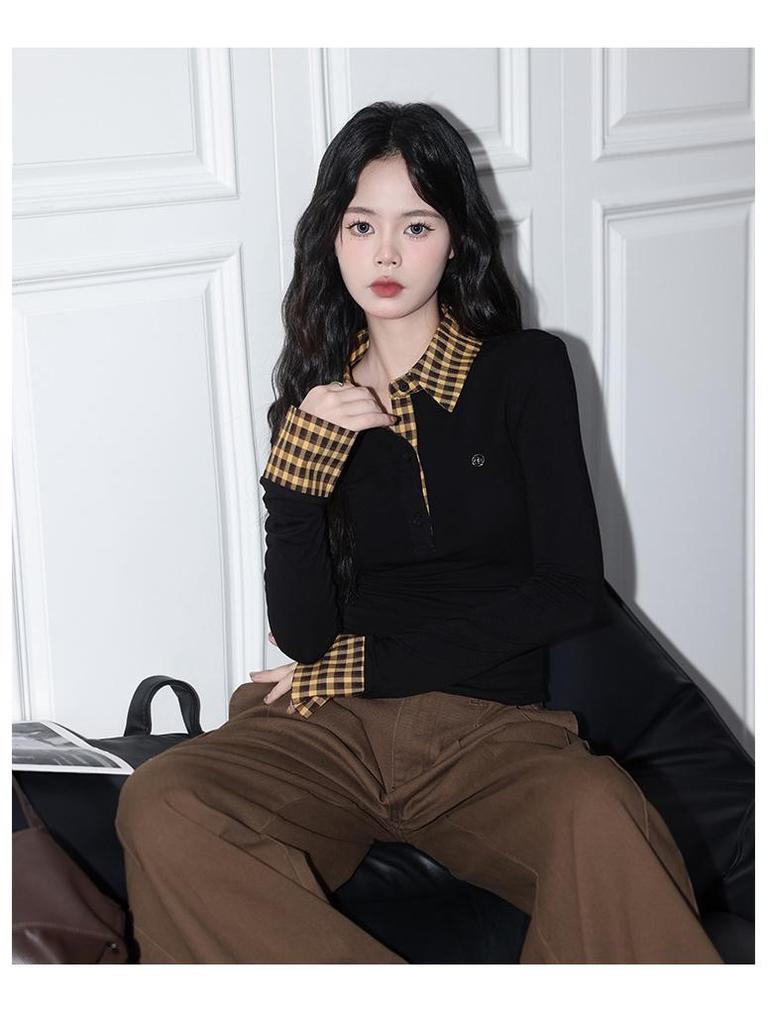 Haut d'automne pour femme à carreaux coupe slim fausse deux-pièces à manches longues et col polo