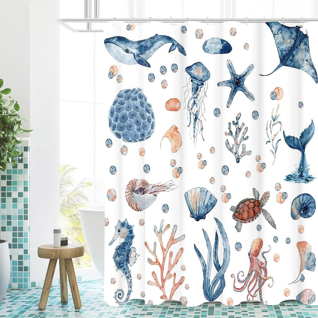 Painting Style Sea World Pattern Bathing Curtain Bathroom Shower Curtain Waterproof With 12 Hooks Home Deco