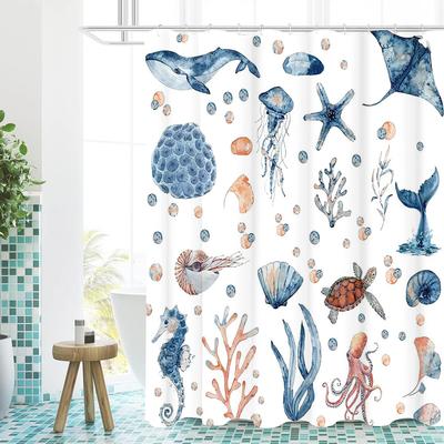 Painting Style Sea World Pattern Bathing Curtain  Bathroom Shower Curtain Waterproof With 12 Hooks Home Deco