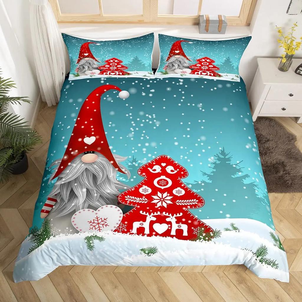 Jultomtar påslakan set Tomte Jul Täcktäckeset God Jul Sängkläder Vinter Snö Helg Påslakan