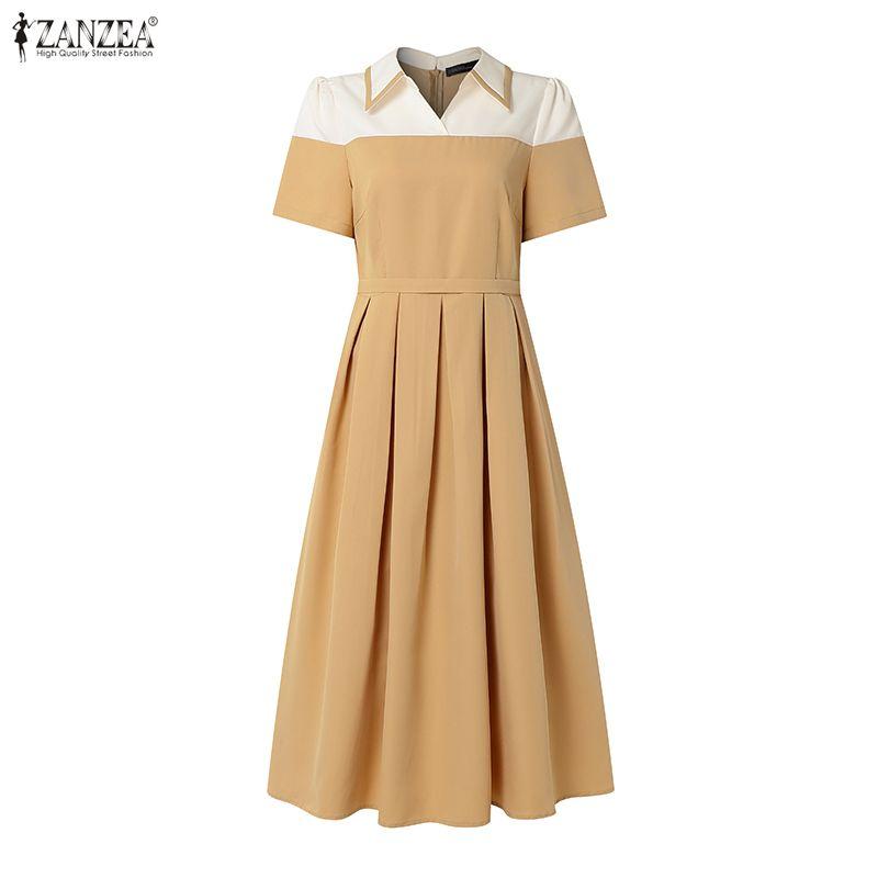 ZANZEA Women Patchwork Casual Turn Down Collar Elegant Short Sleeve Dress