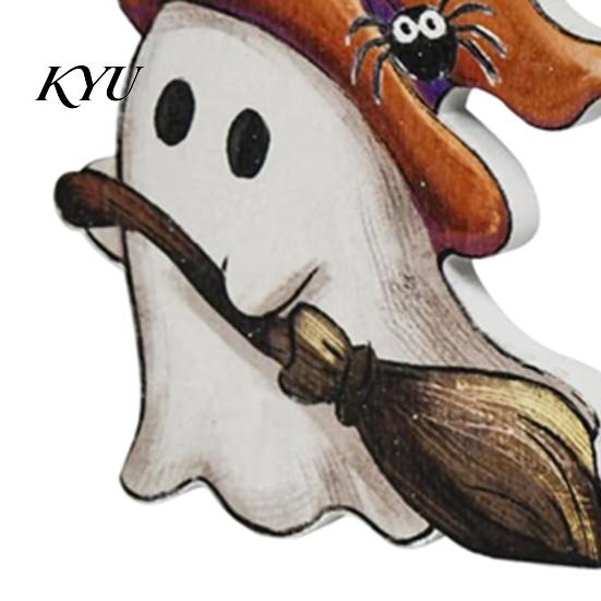 Office Tabletop Holiday Ornaments Halloween Cute Ghost Sign, Pumpkin Tombstone Wooden Plaque Playful Cartoon Statues for Tiered Tray Decor,