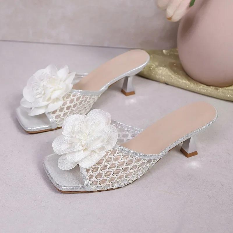 Fashion 2025 Summer New Flower Square-toe Stiletto High-heeled Slippers Flip-flops Wear Medium Heel Women's Cool Mat